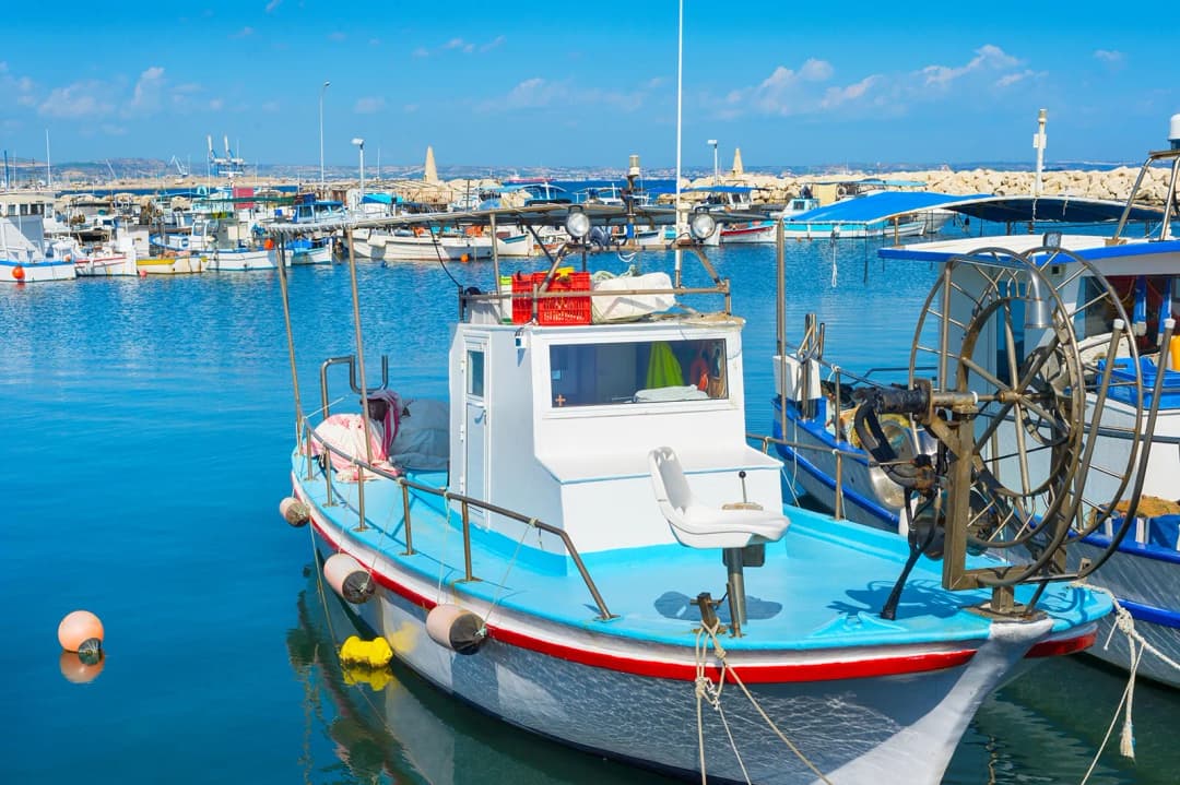 Motorboats moored at marina of Larnaca in bright sunny day, Cyprus