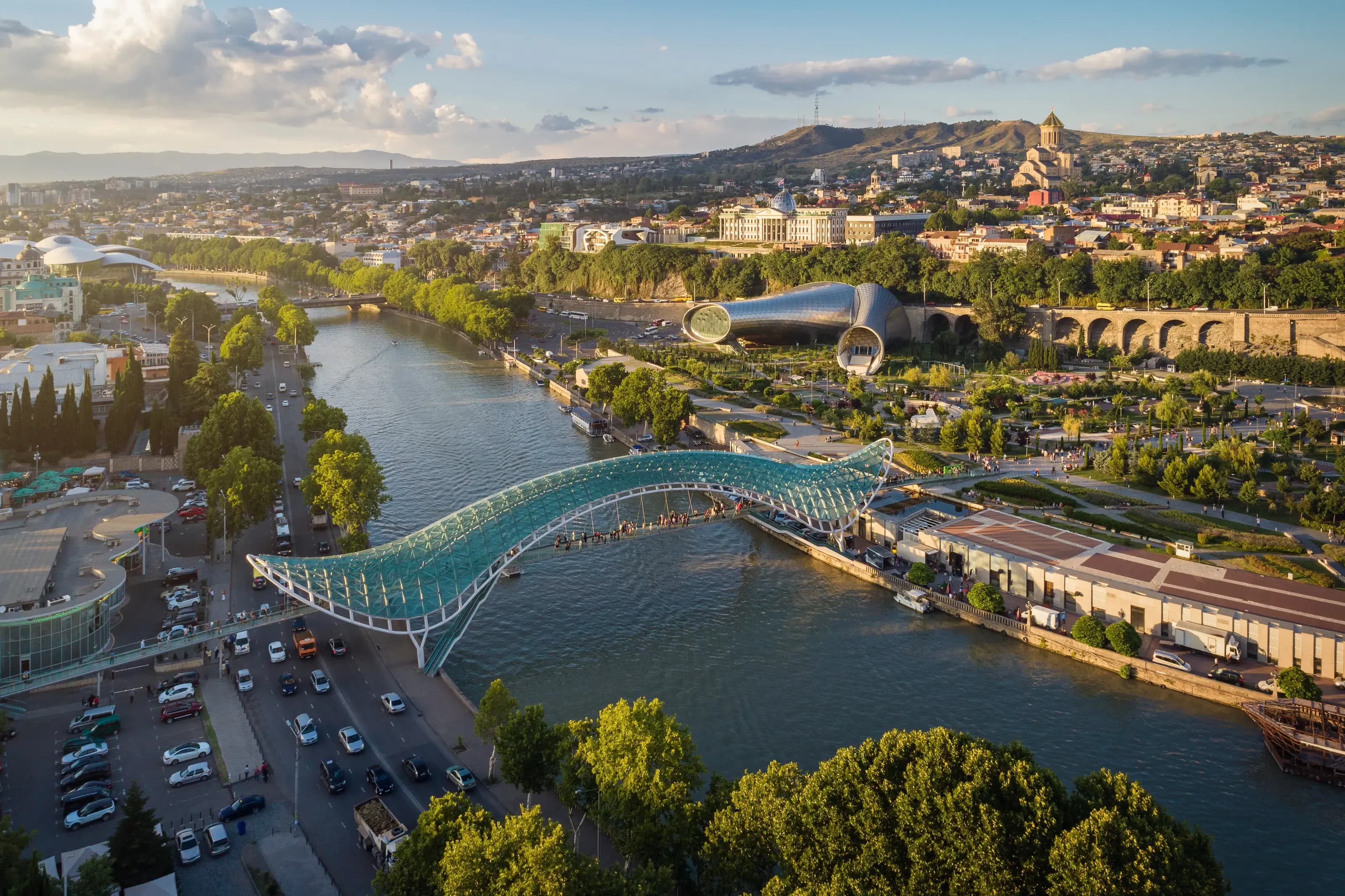 Panoramic aerial view of a summer sunset over downtown Tbilisi, Georgia