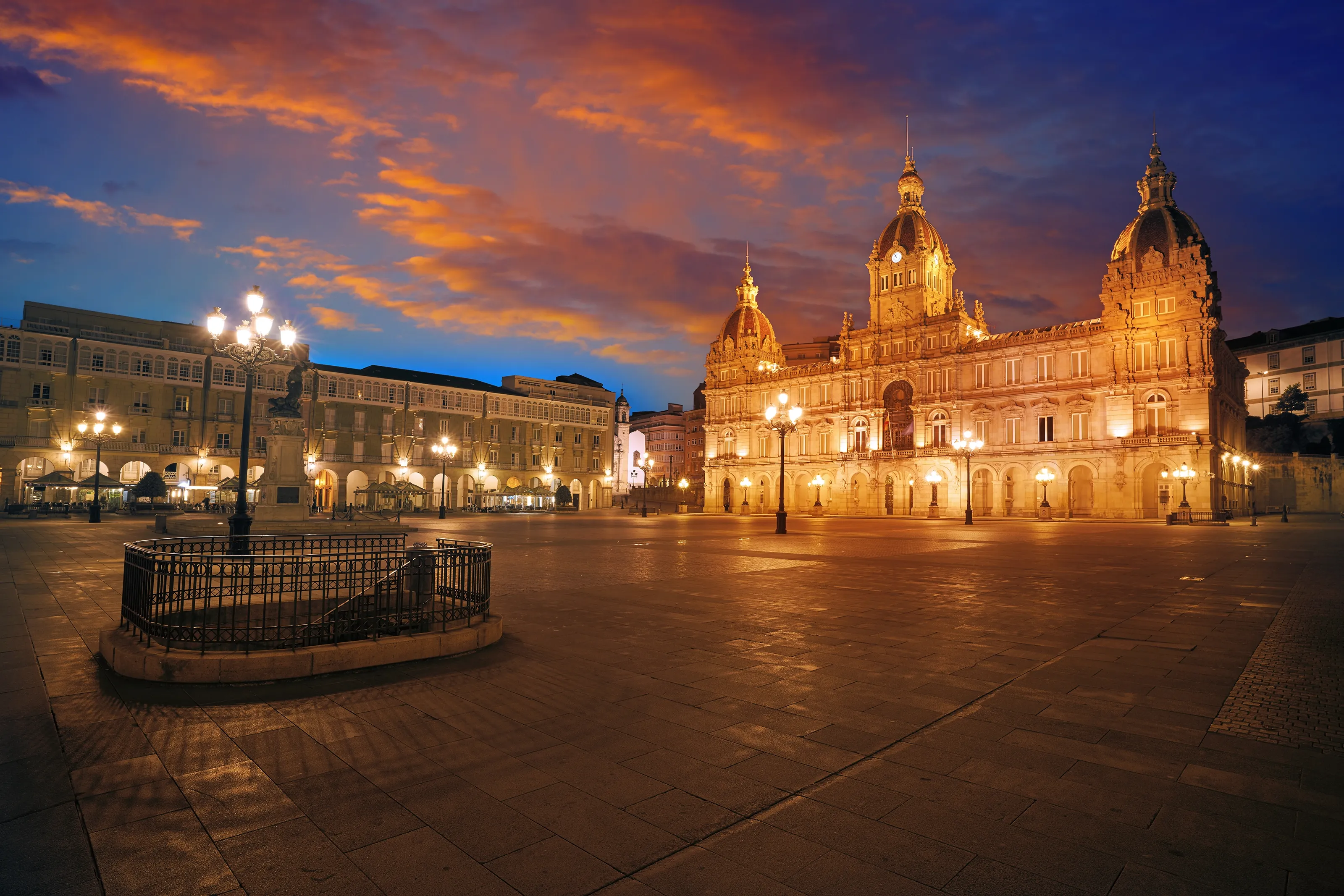 La Coruna City town hall sunset in Maria Pita Square of Galicia Spain