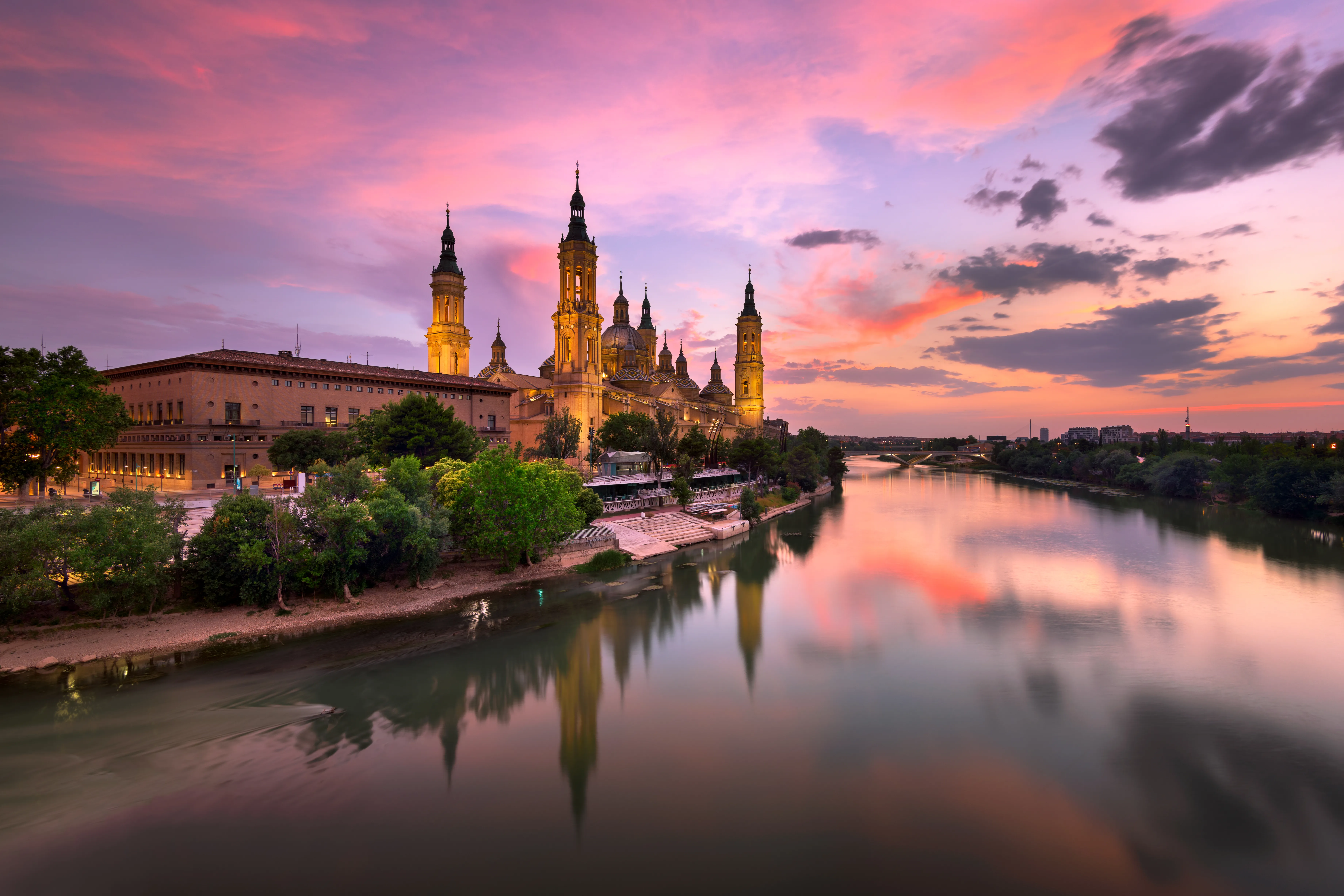 Basilica de Nuestra Senora del Pilar and Ebor River in the Evening, Zaragoza, Aragon, Spain